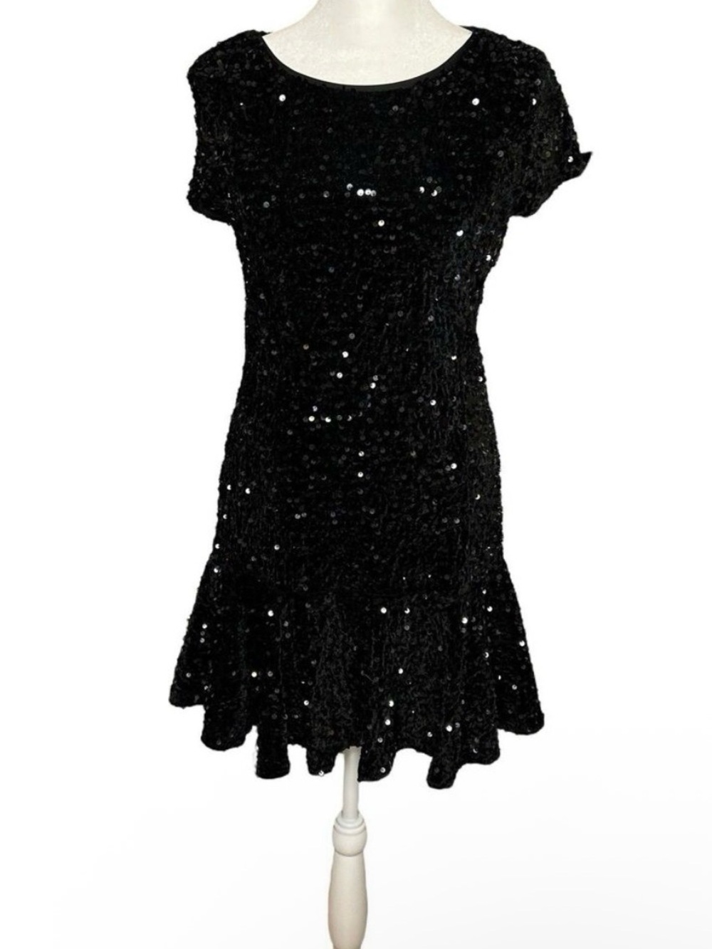 Allison & Kelly Sequin Mini Dress Black Short Sleeve Ruffle Hem Medium Party